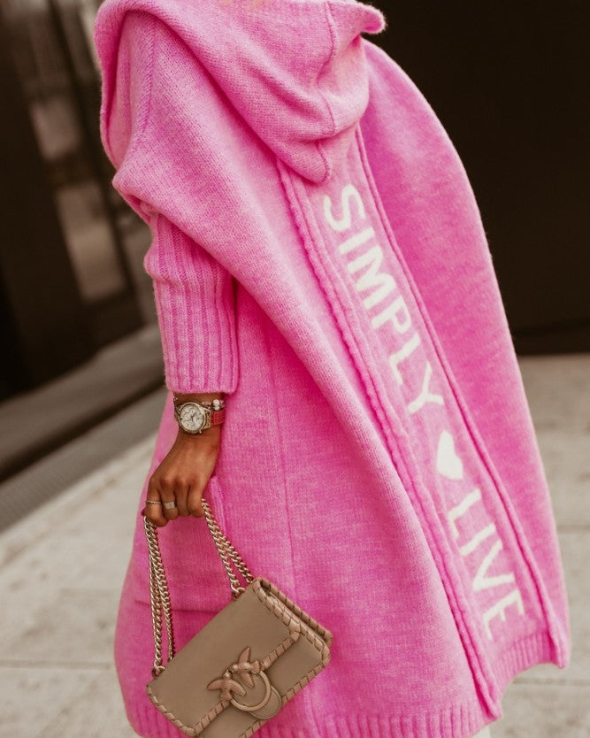 Slogan Print Hooded Longline Cardigan - Rose-Red
