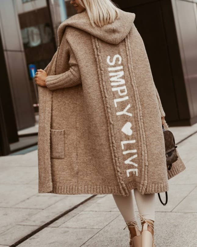 Slogan Print Hooded Longline Cardigan