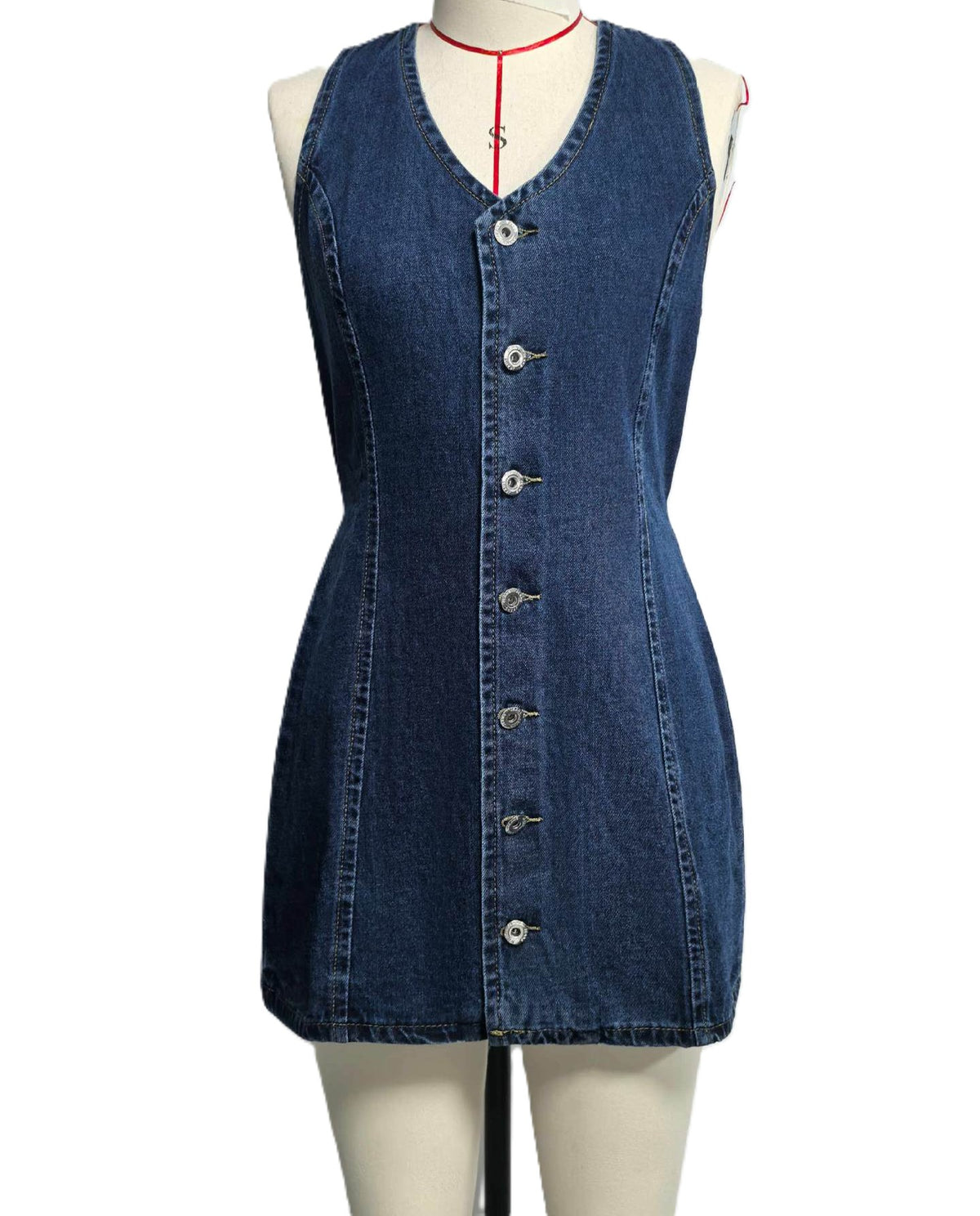 Sleeveless Denim Mini Dress With Button Front - DarkBlue