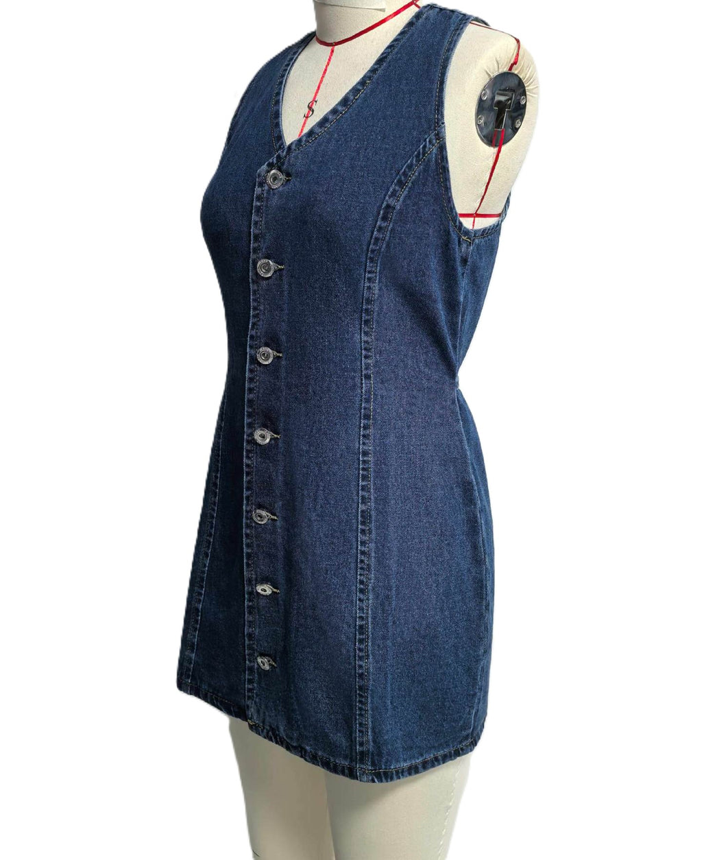 Sleeveless Denim Mini Dress With Button Front - DarkBlue - 1