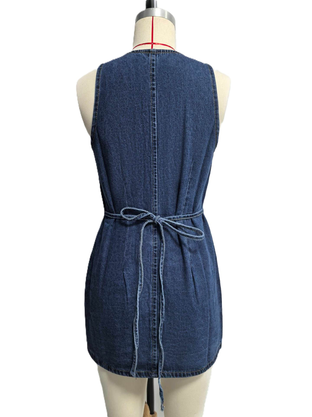 Sleeveless Denim Mini Dress With Button Front - DarkBlue - 2