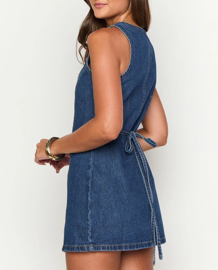 Sleeveless Denim Mini Dress With Button Front - DarkBlue - 3