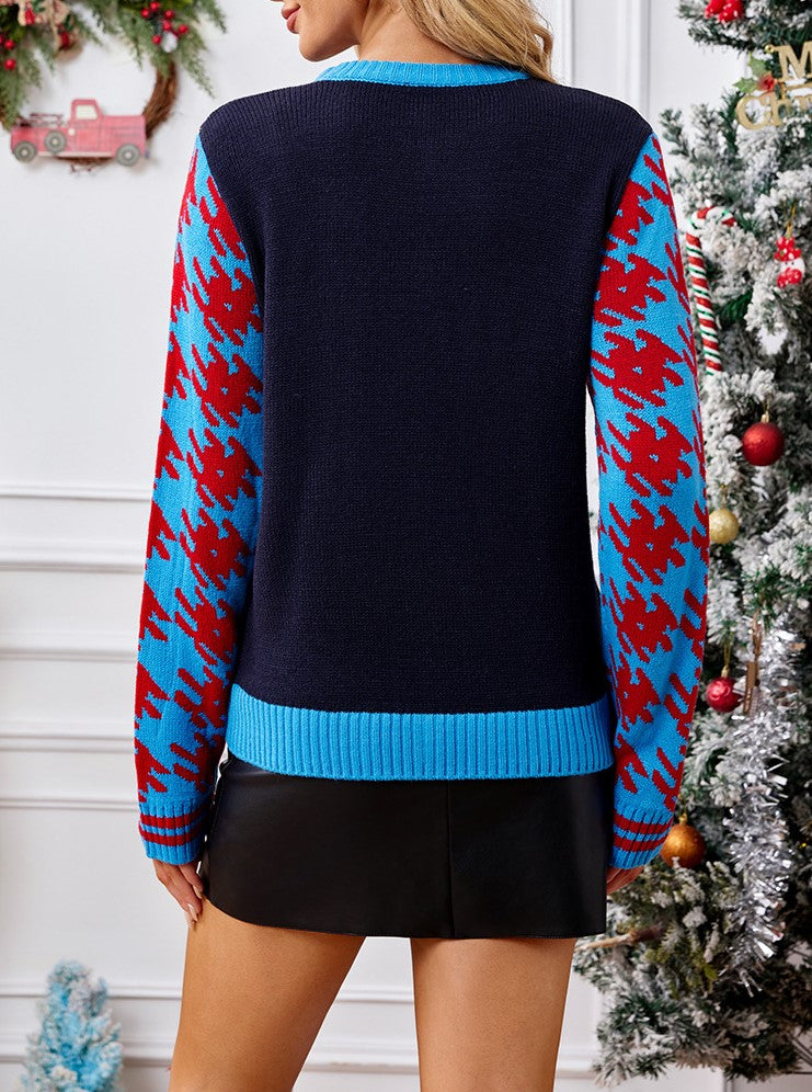 Sequin Stocking Patterned Sleeve Christmas Sweater - Blue - 1
