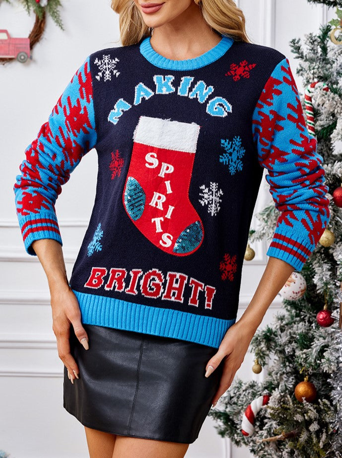 Sequin Stocking Patterned Sleeve Christmas Sweater - Blue - 2