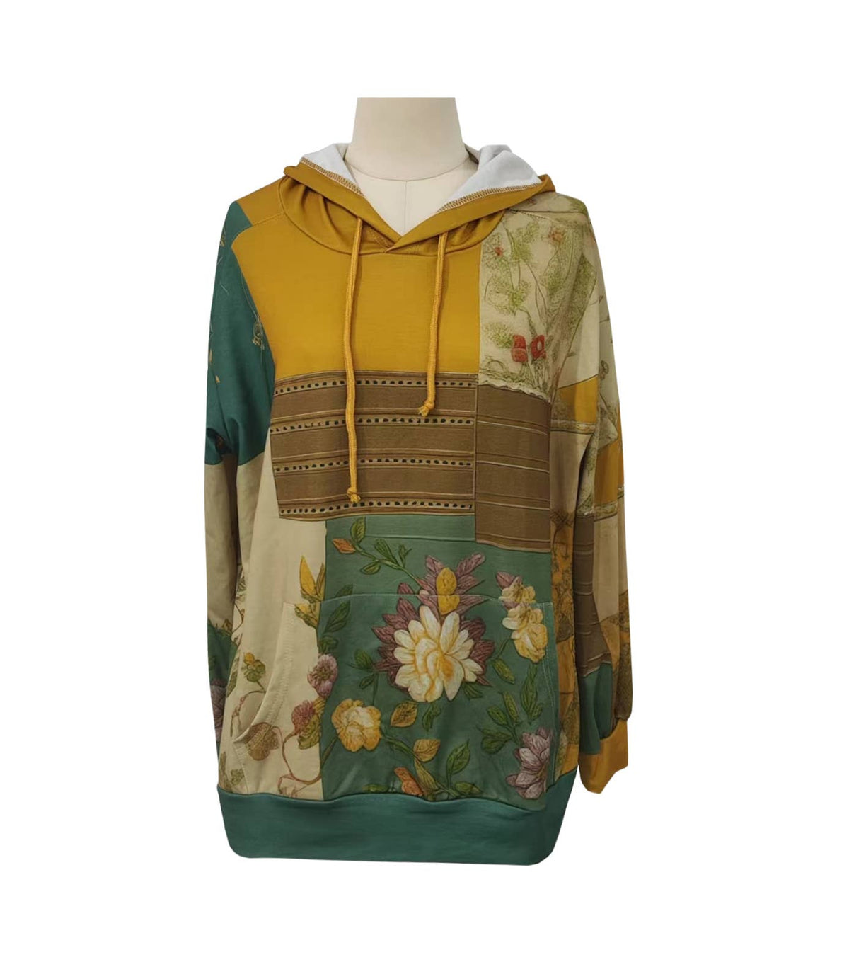Vintage Patchwork Print Oversized Hoodie