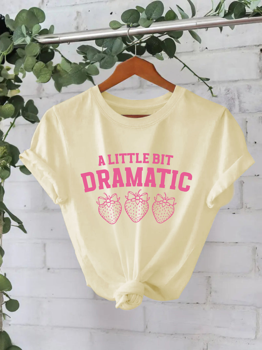 Strawberry Outline Slogan Cotton Tee - Beige