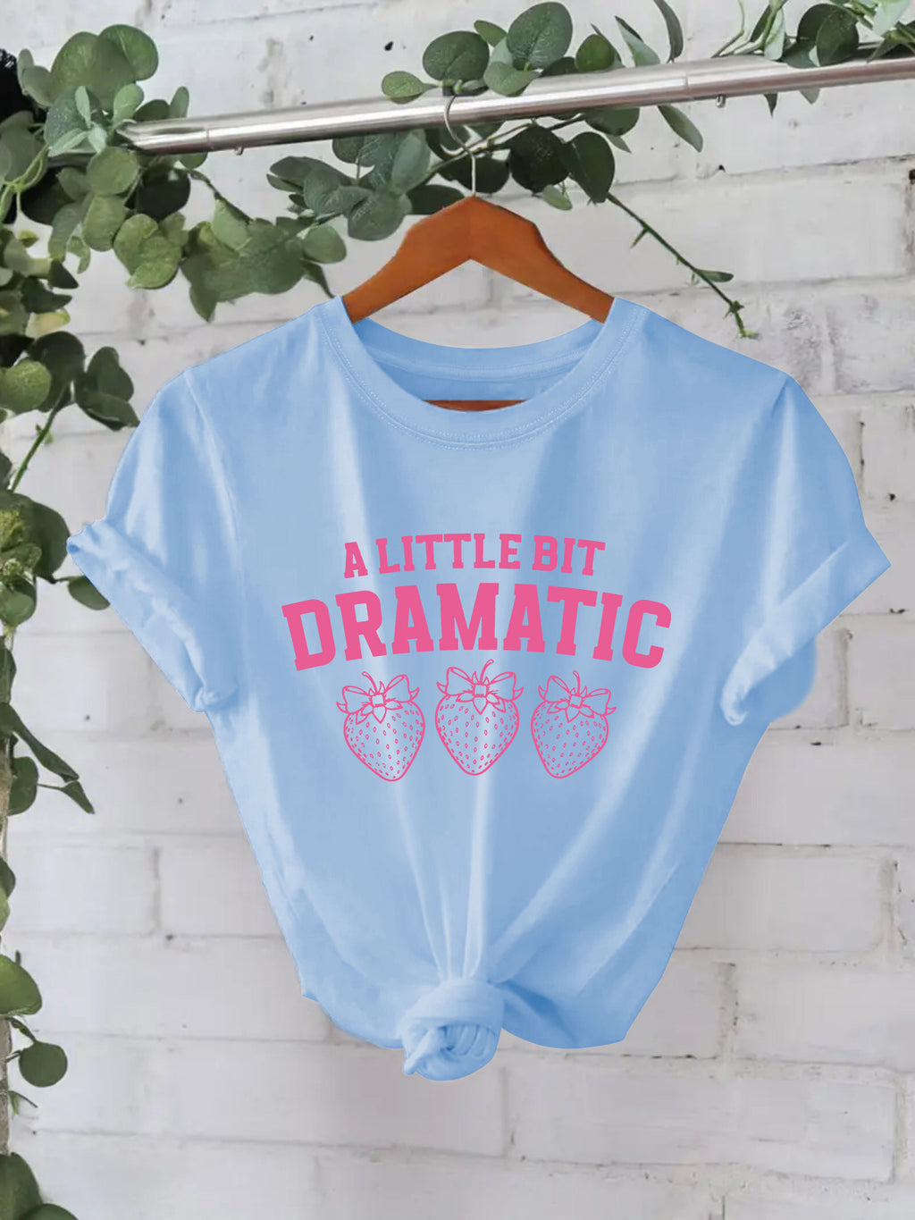 Strawberry Outline Slogan Cotton Tee - Blue