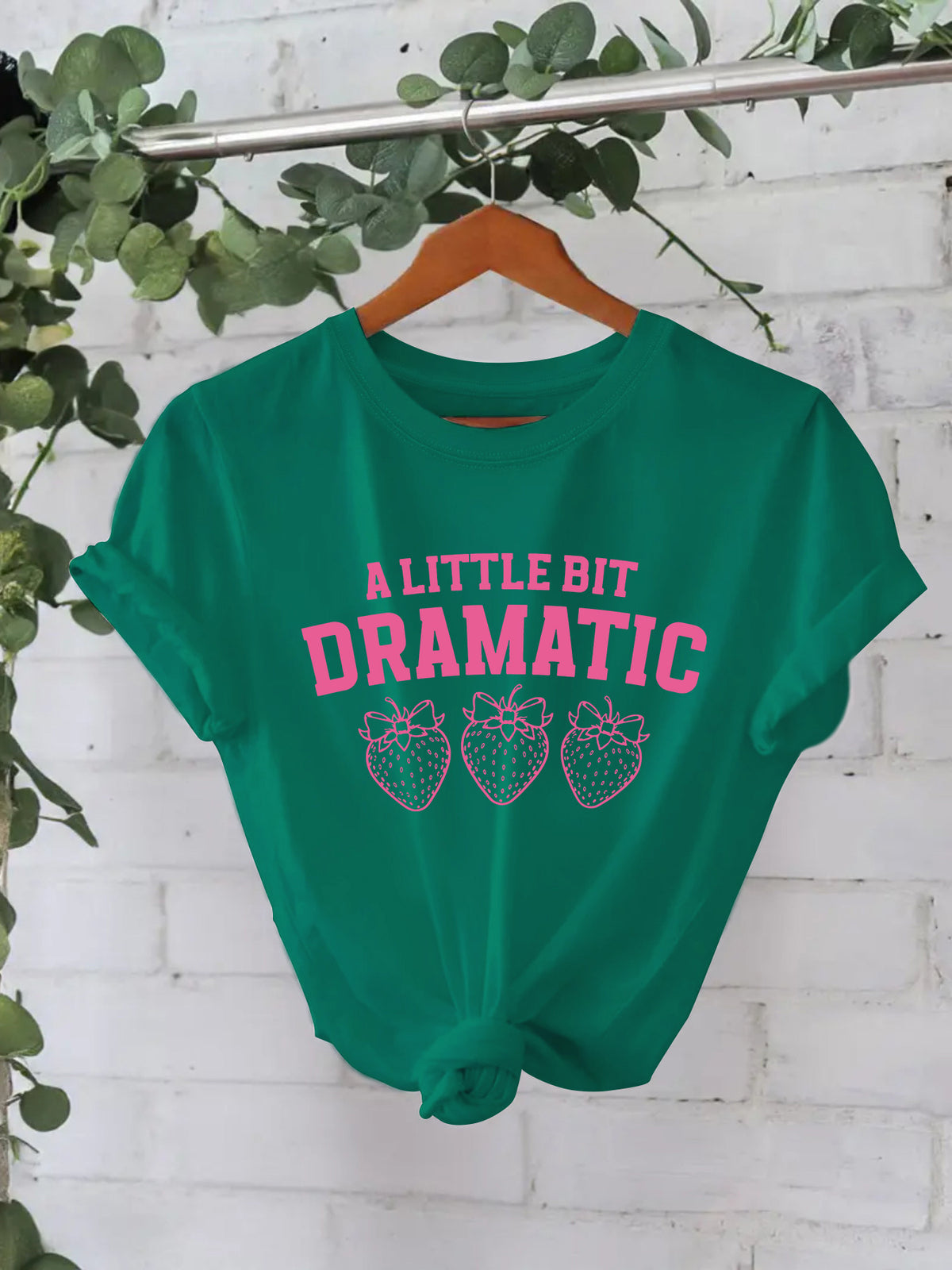 Strawberry Outline Slogan Cotton Tee - Green