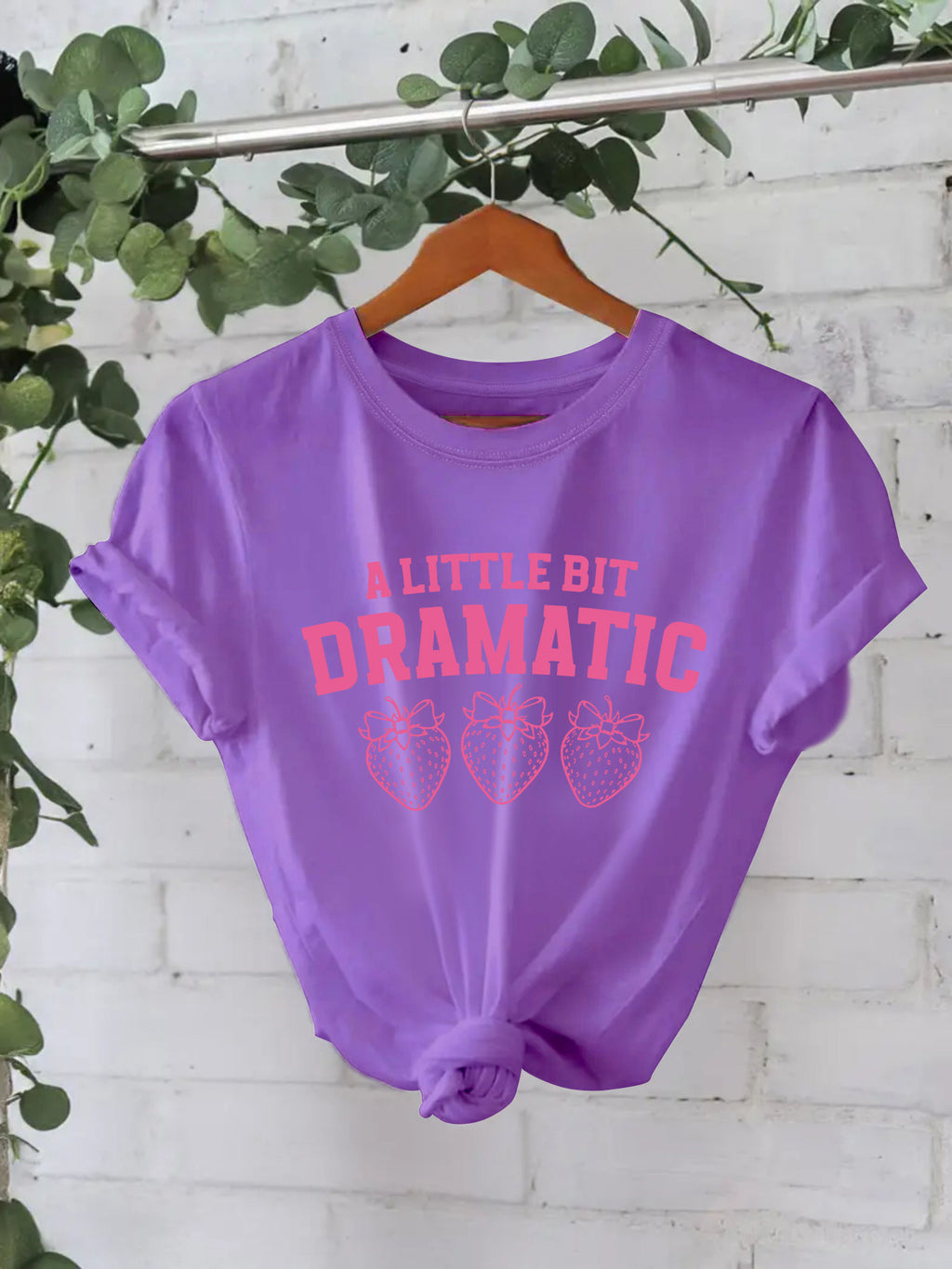 Strawberry Outline Slogan Cotton Tee - Purple