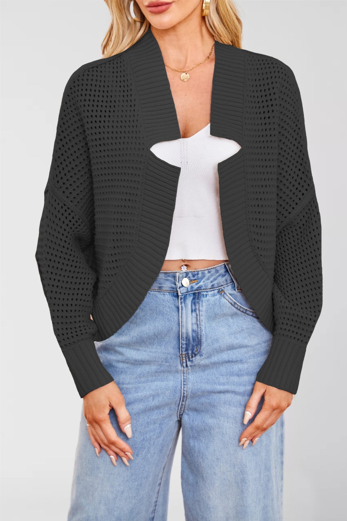 Open Front Waffle Knit Cropped Cardigan - Black