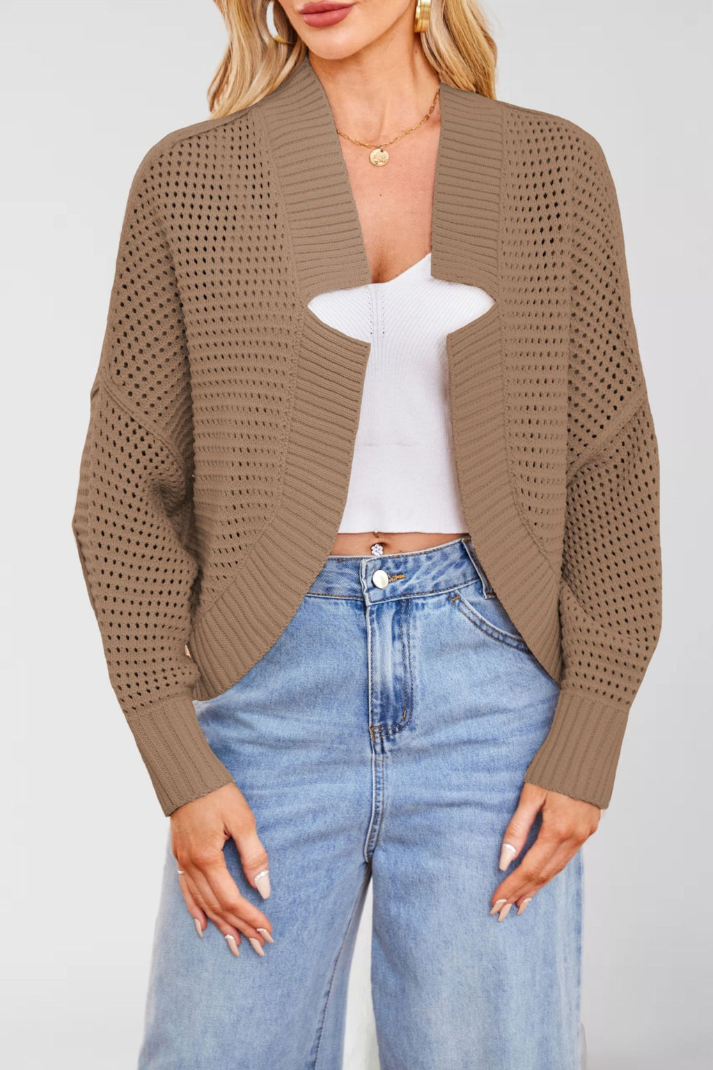 Open Front Waffle Knit Cropped Cardigan - Coffee