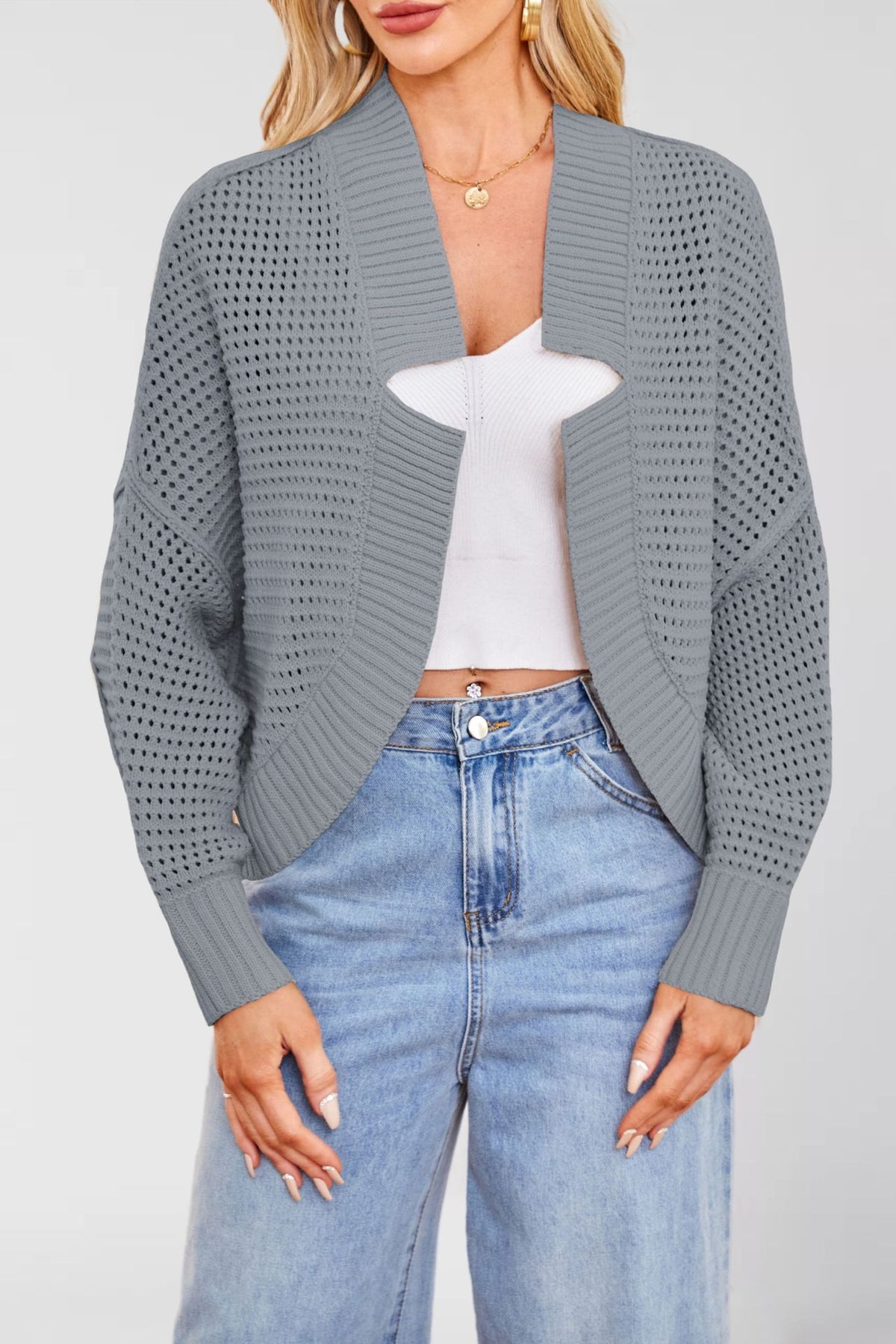 Open Front Waffle Knit Cropped Cardigan - Gray