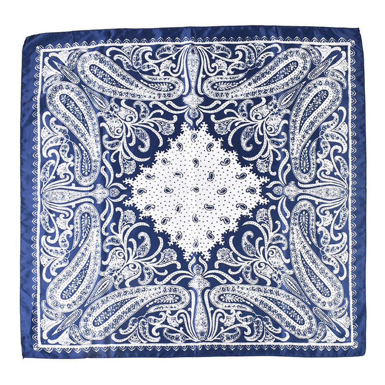 Paisley Print Satin Square Bandana Scarf - Navy