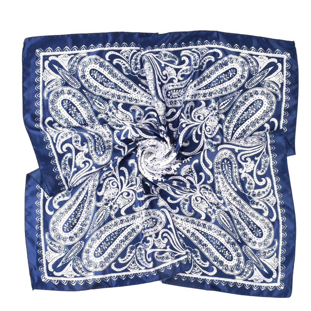 Paisley Print Satin Square Bandana Scarf - Navy - 1