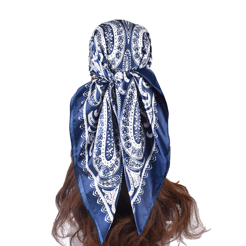 Paisley Print Satin Square Bandana Scarf - Navy - 2