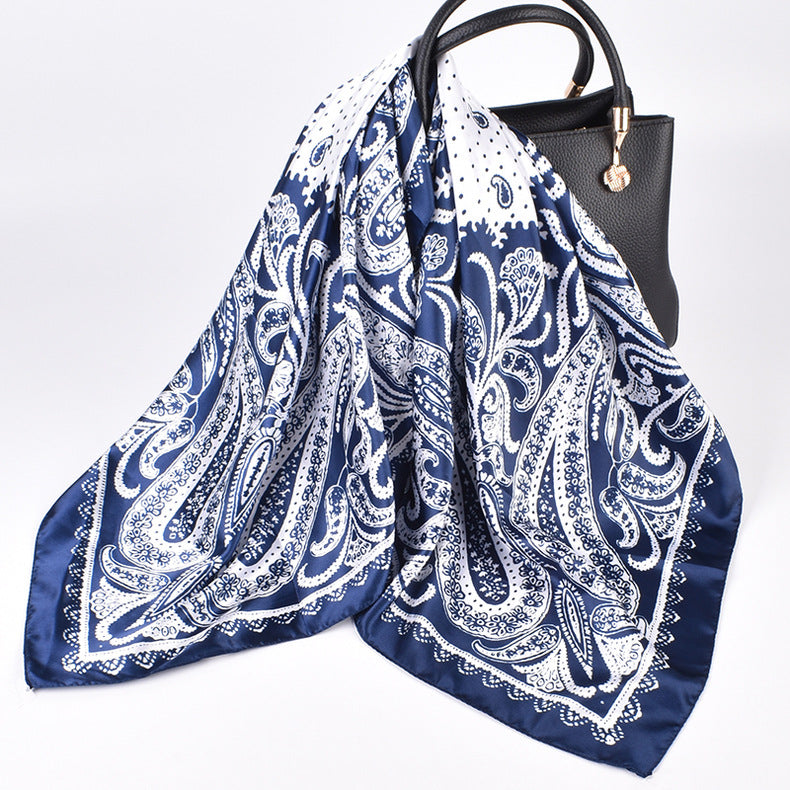 Paisley Print Satin Square Bandana Scarf - Navy - 3