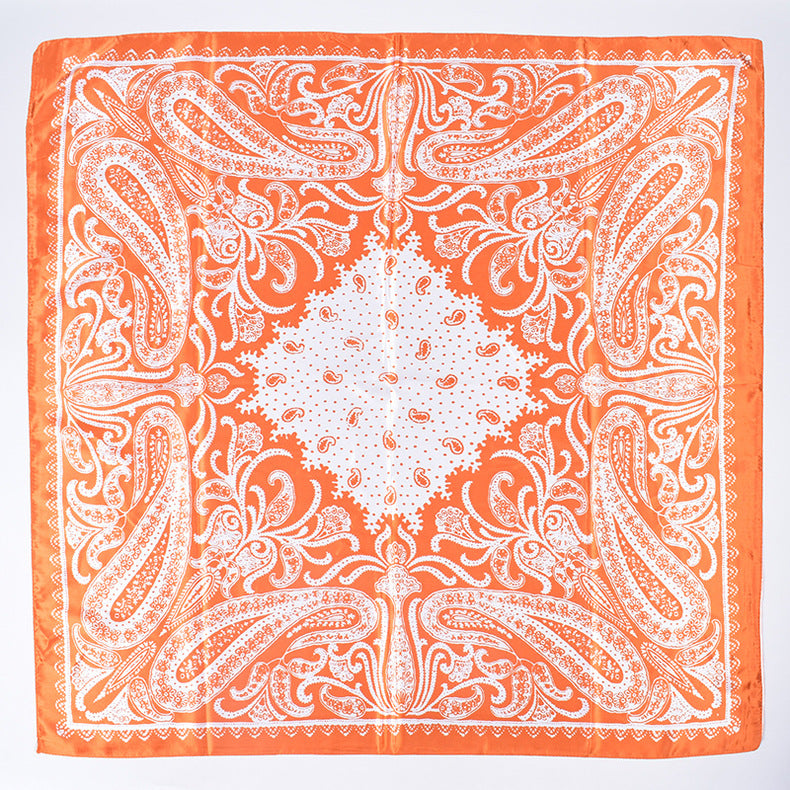 Paisley Print Satin Square Bandana Scarf - Orange - 1