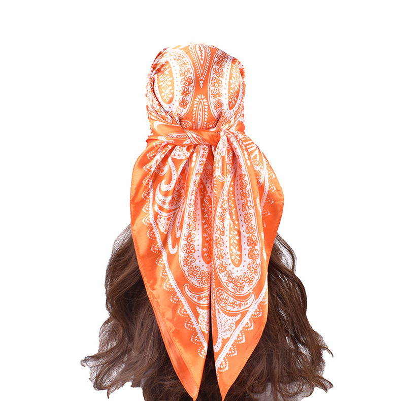 Paisley Print Satin Square Bandana Scarf - Orange - 3