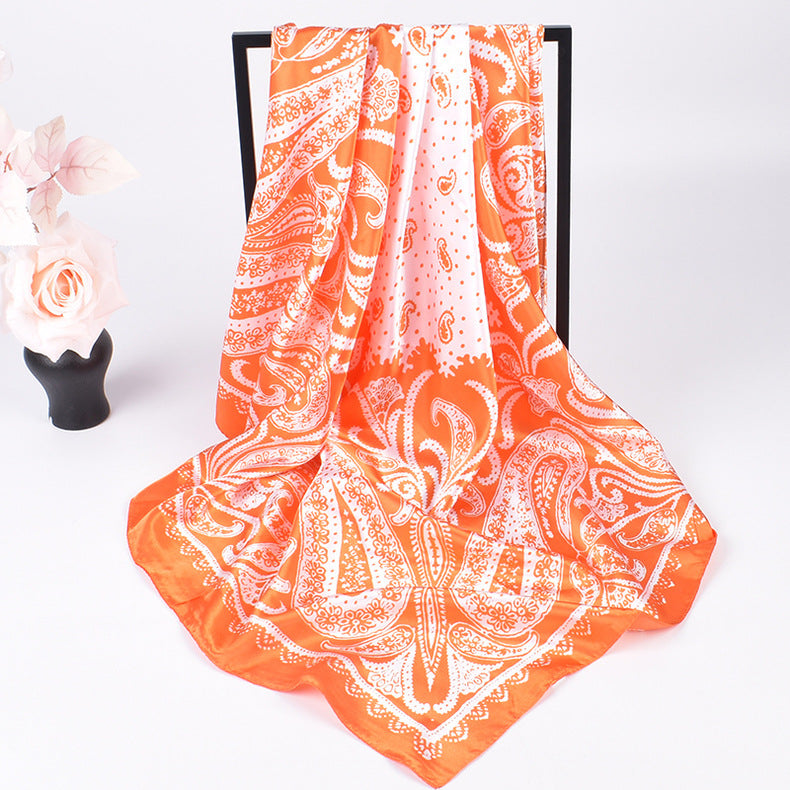 Paisley Print Satin Square Bandana Scarf - Orange - 4