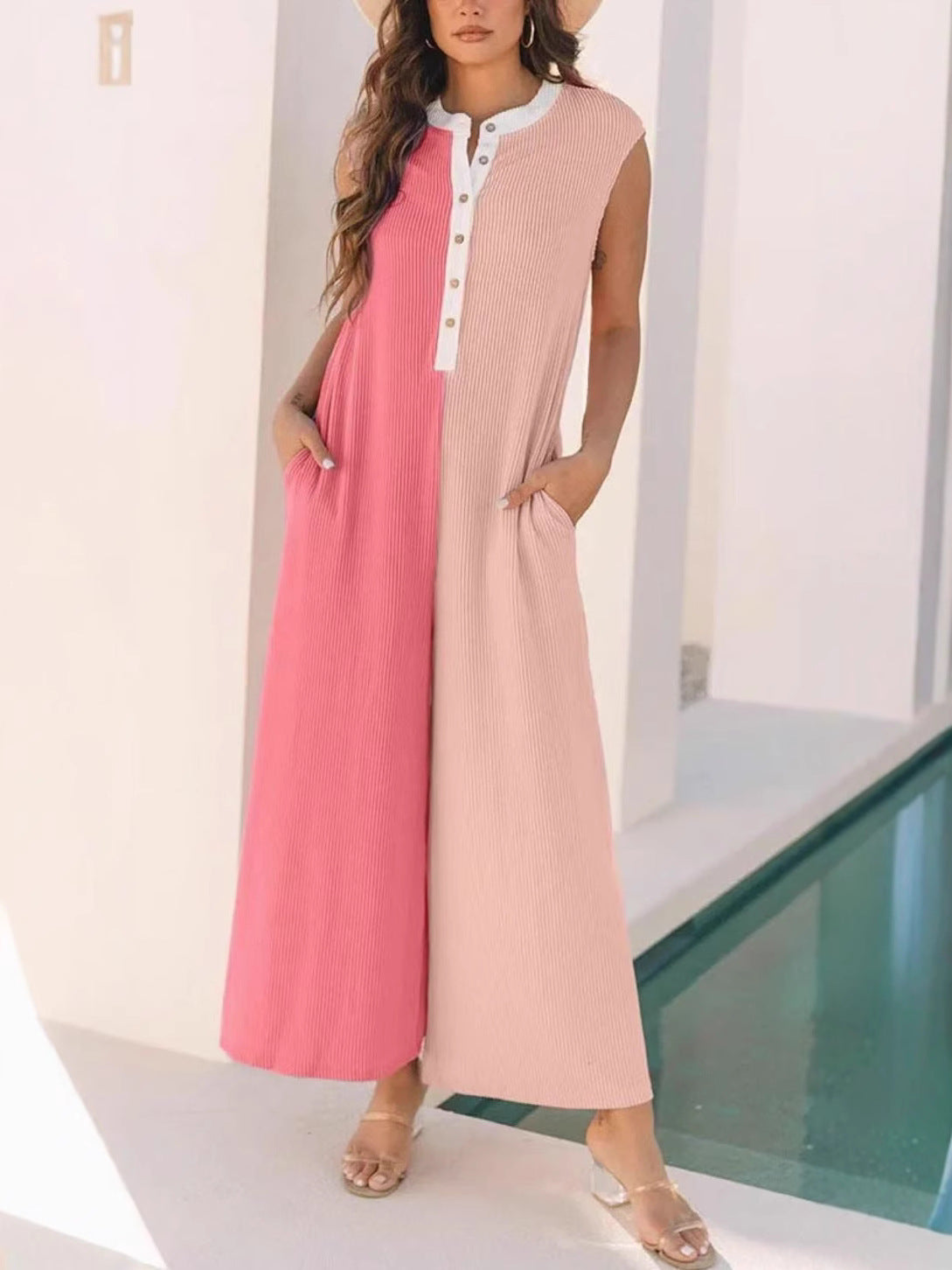 Color Block Sleeveless Wide Leg Jumpsuit - Pink