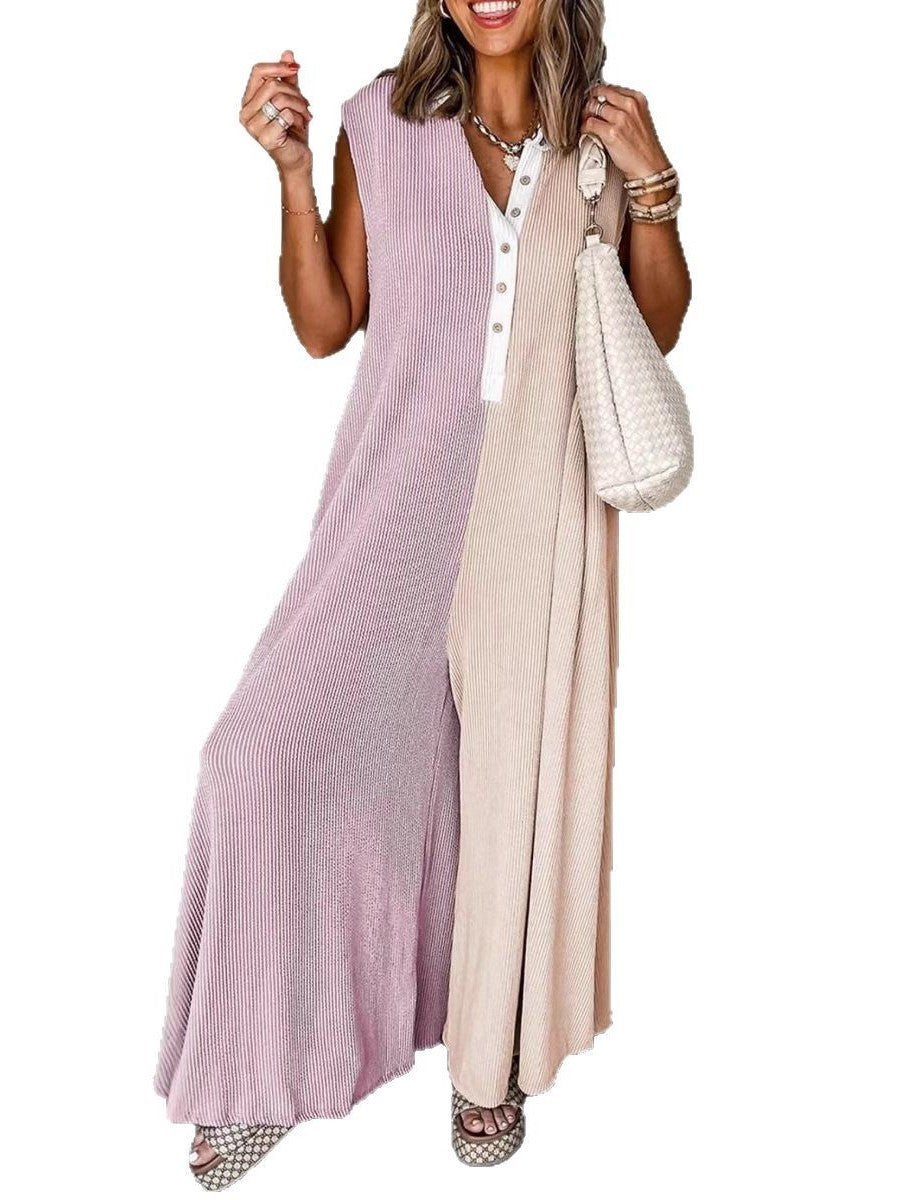 Color Block Sleeveless Wide Leg Jumpsuit - Purple