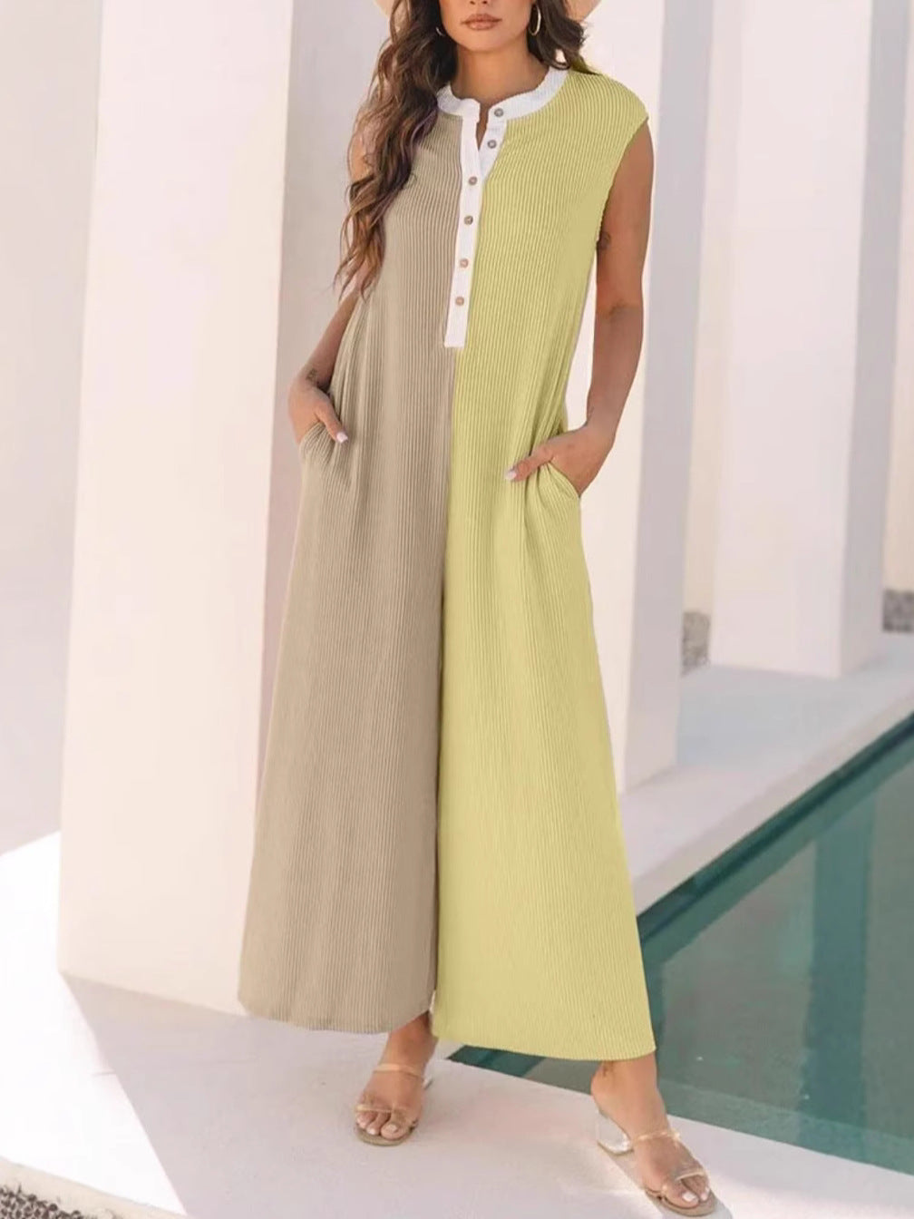 Color Block Sleeveless Wide Leg Jumpsuit - Yellow