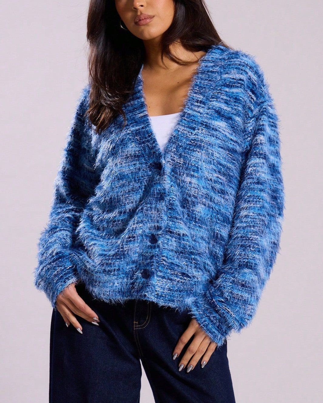Shaggy Eyelash Knit Slouchy Button Cardigan - Blue