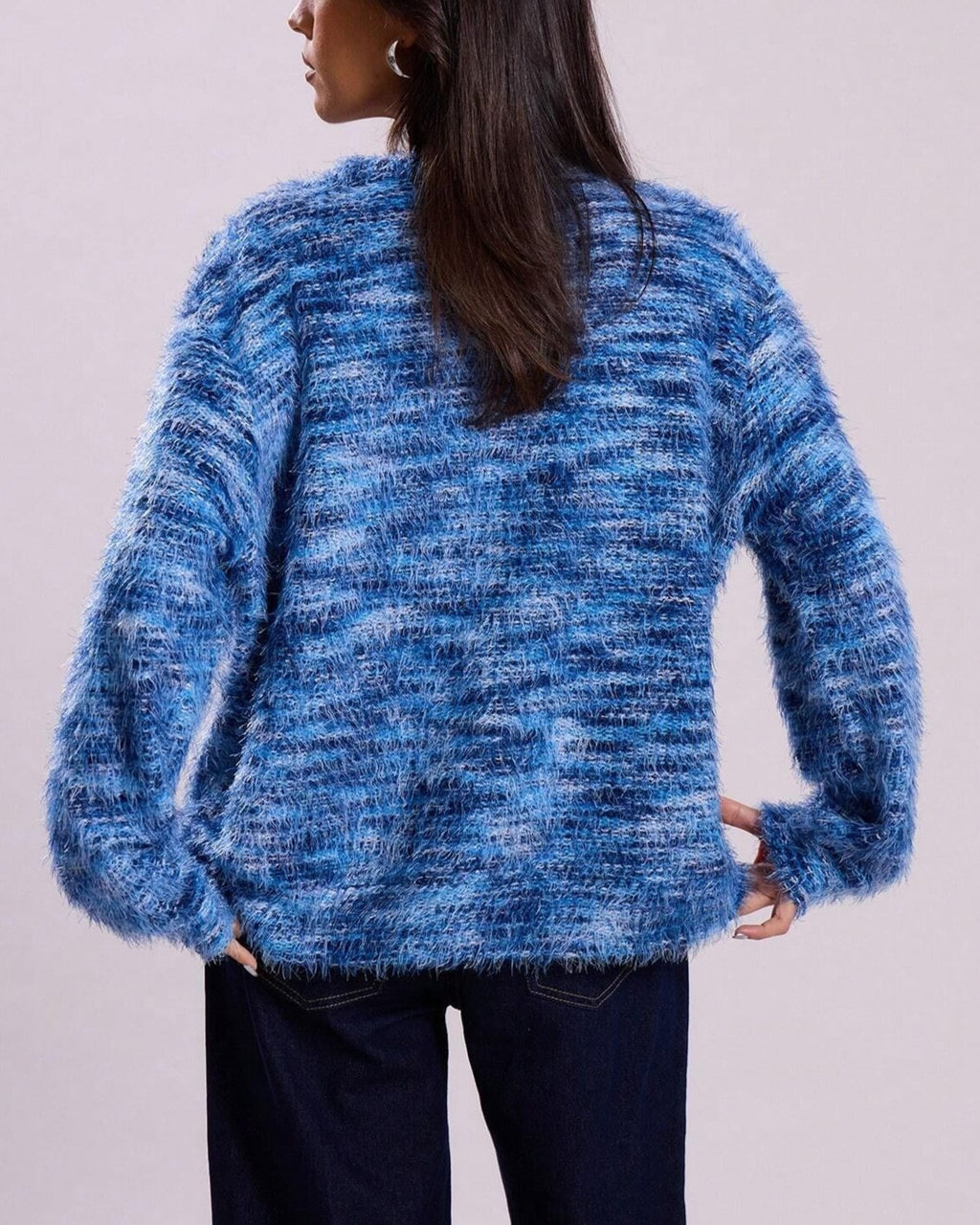Shaggy Eyelash Knit Slouchy Button Cardigan - Blue - 1