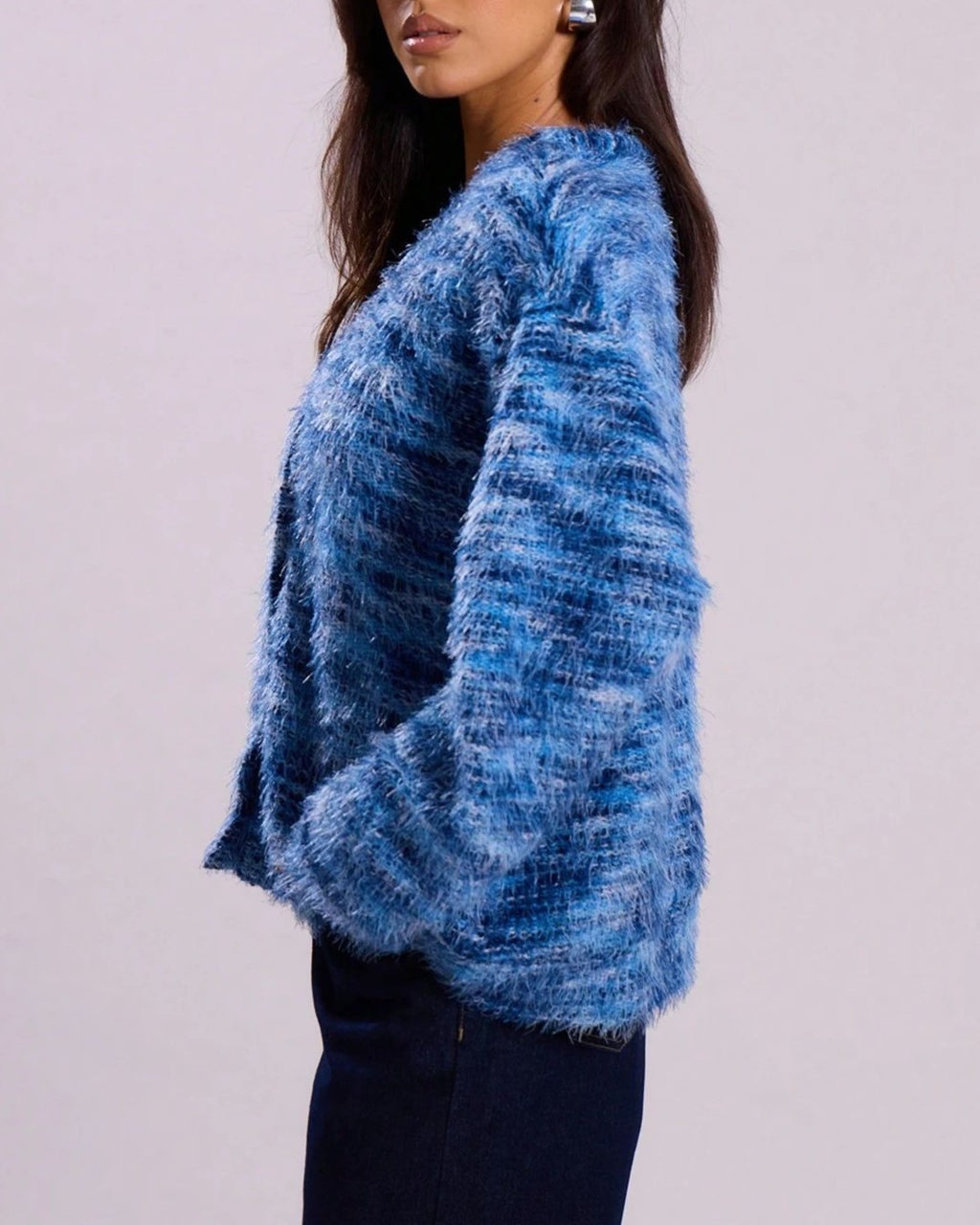 Shaggy Eyelash Knit Slouchy Button Cardigan - Blue - 2