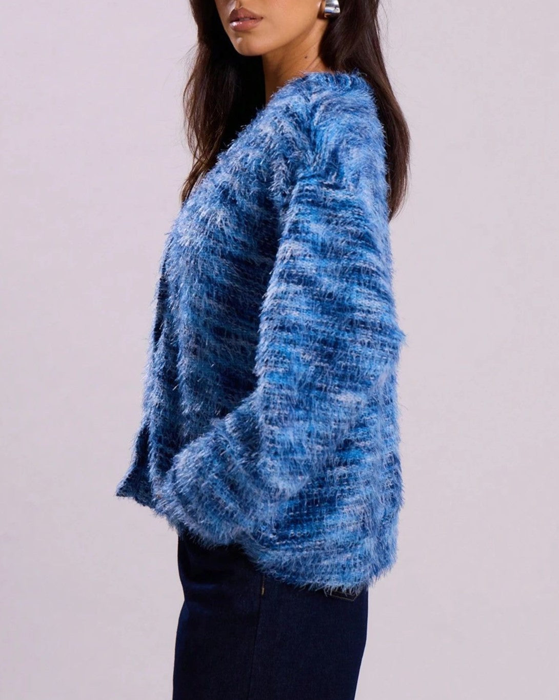 Shaggy Eyelash Knit Slouchy Button Cardigan - Blue - 2