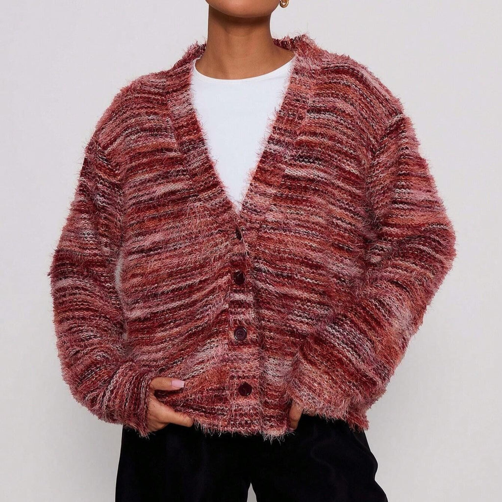 Shaggy Eyelash Knit Slouchy Button Cardigan - Red
