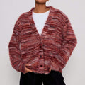 Shaggy Eyelash Knit Slouchy Button Cardigan - Red