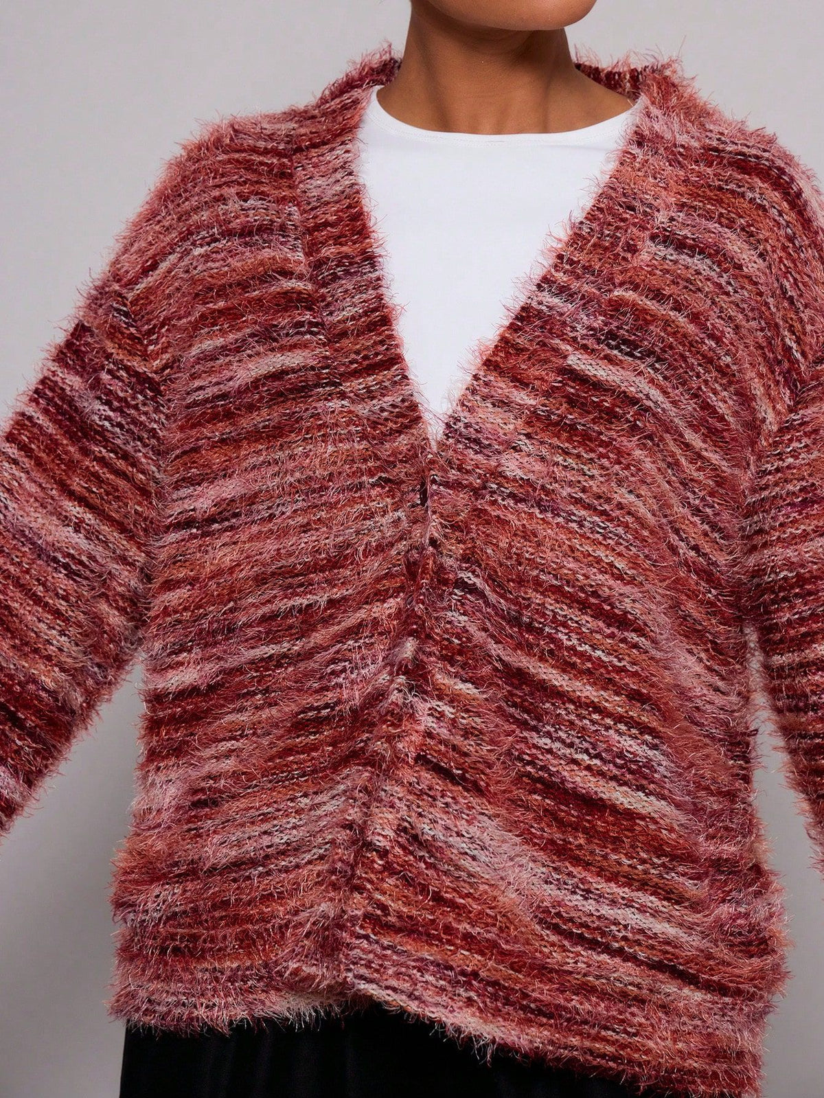 Shaggy Eyelash Knit Slouchy Button Cardigan - Red - 1
