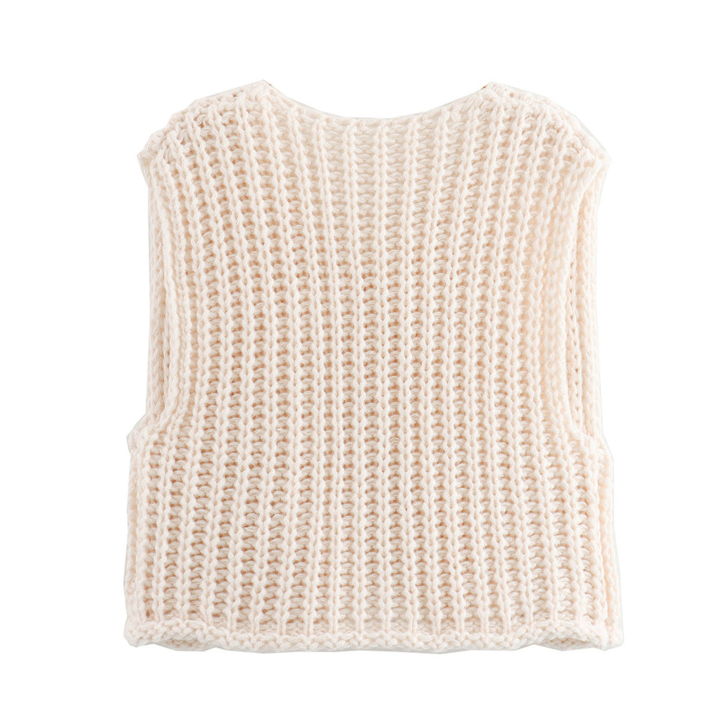 Chunky Knit Button Vest With Patch Pockets - Beige - 1