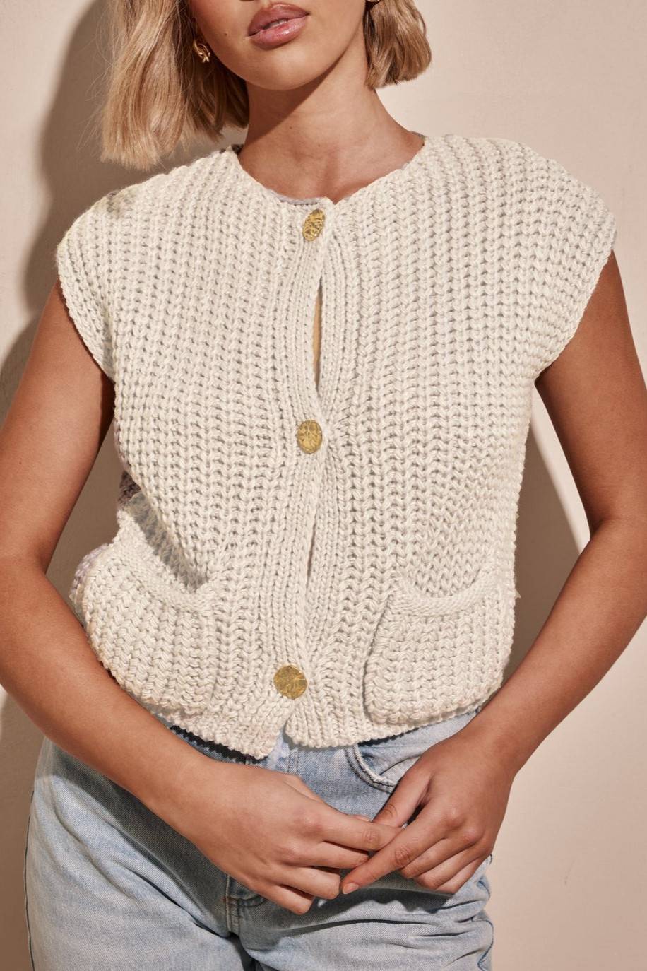 Chunky Knit Button Vest With Patch Pockets - Beige - 3