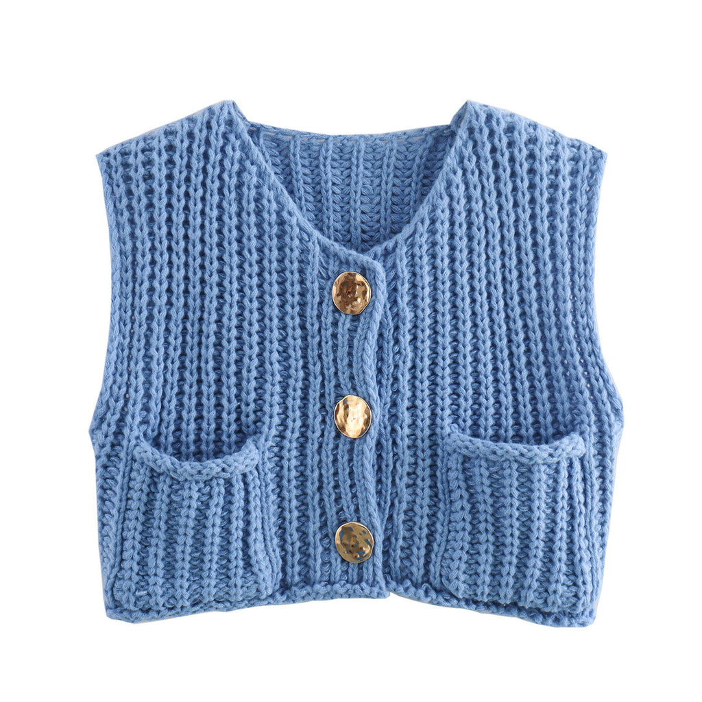 Chunky Knit Button Vest With Patch Pockets - Blue
