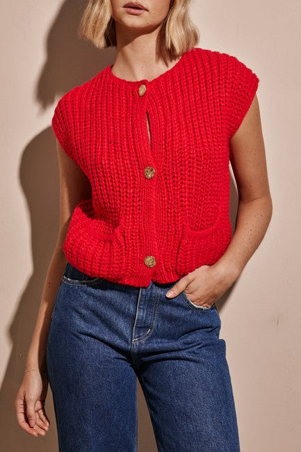 Chunky Knit Button Vest With Patch Pockets - Red