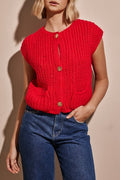 Chunky Knit Button Vest With Patch Pockets - Red