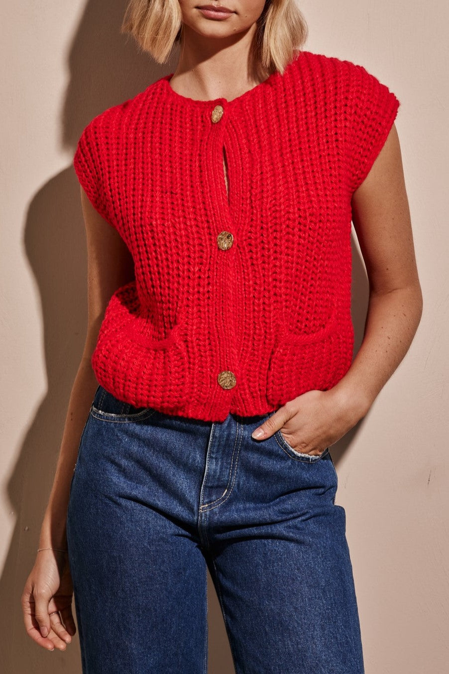 Chunky Knit Button Vest With Patch Pockets - Red - 10