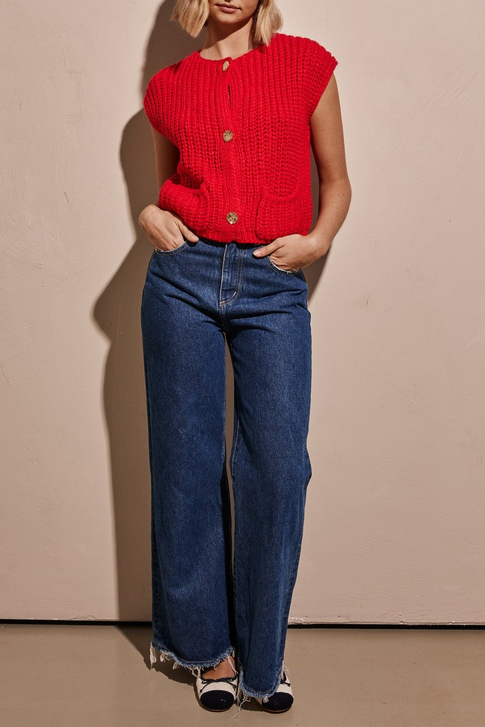 Chunky Knit Button Vest With Patch Pockets - Red - 11