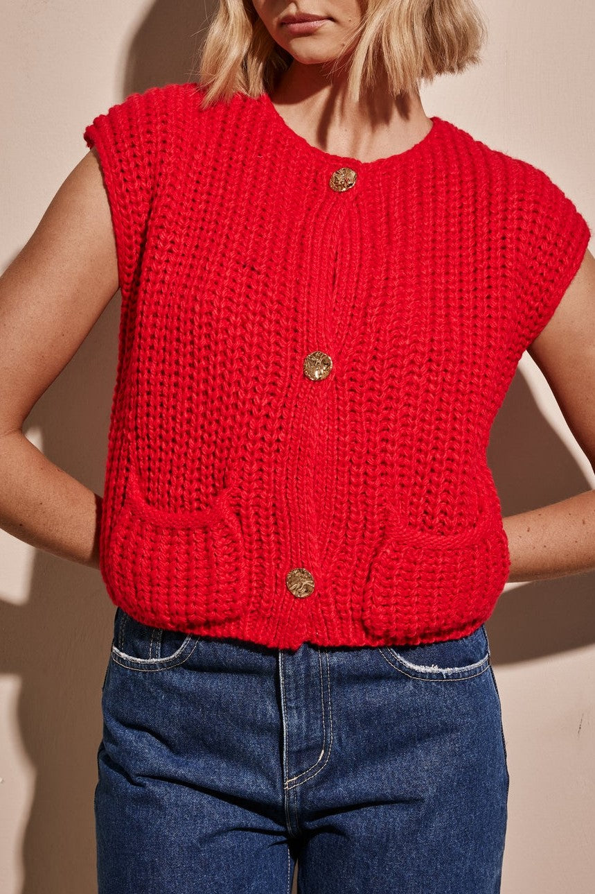 Chunky Knit Button Vest With Patch Pockets - Red - 12