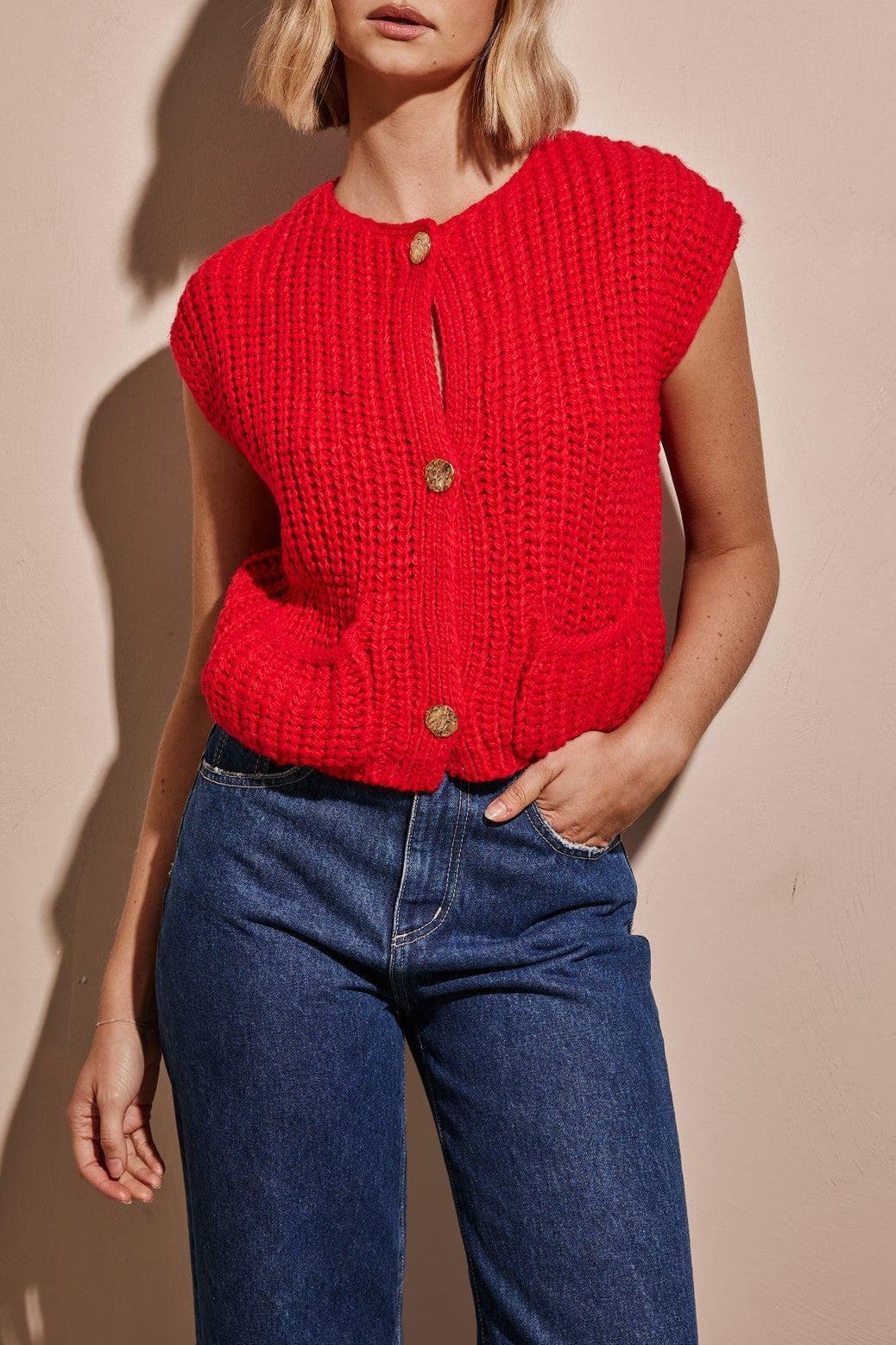 Chunky Knit Button Vest With Patch Pockets - Red - 13