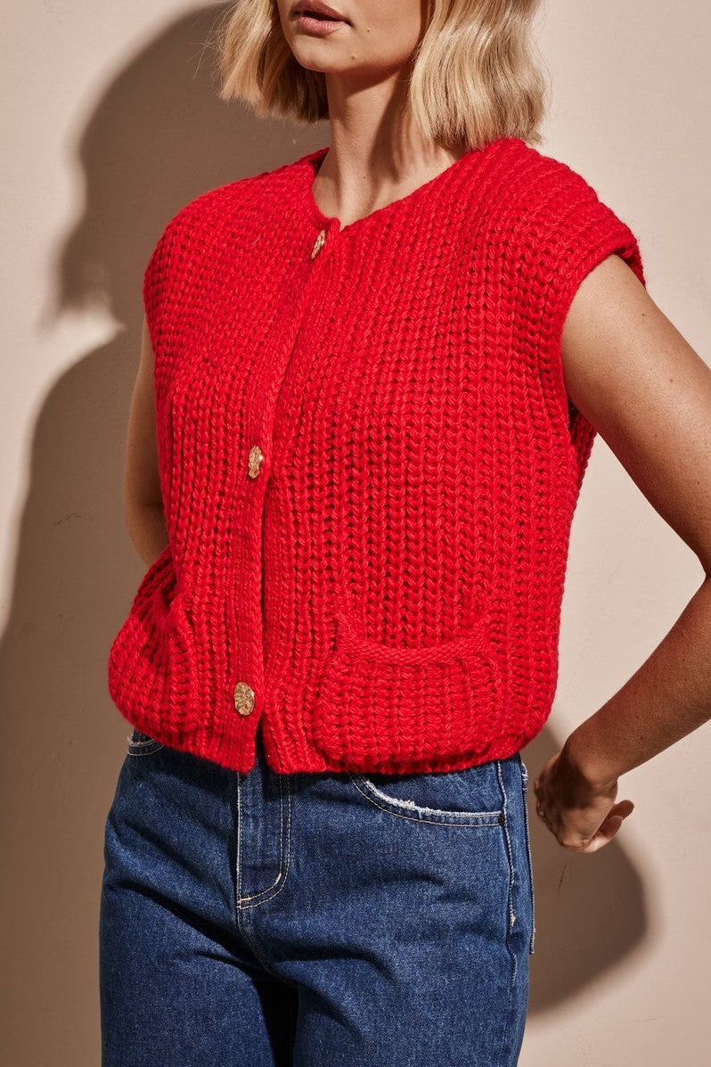 Chunky Knit Button Vest With Patch Pockets - Red - 14