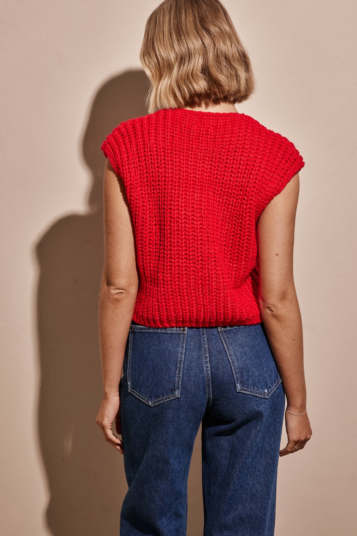 Chunky Knit Button Vest With Patch Pockets - Red - 15