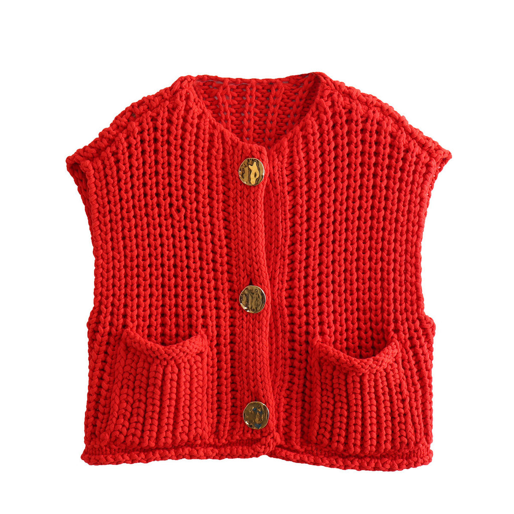Chunky Knit Button Vest With Patch Pockets - Red - 1