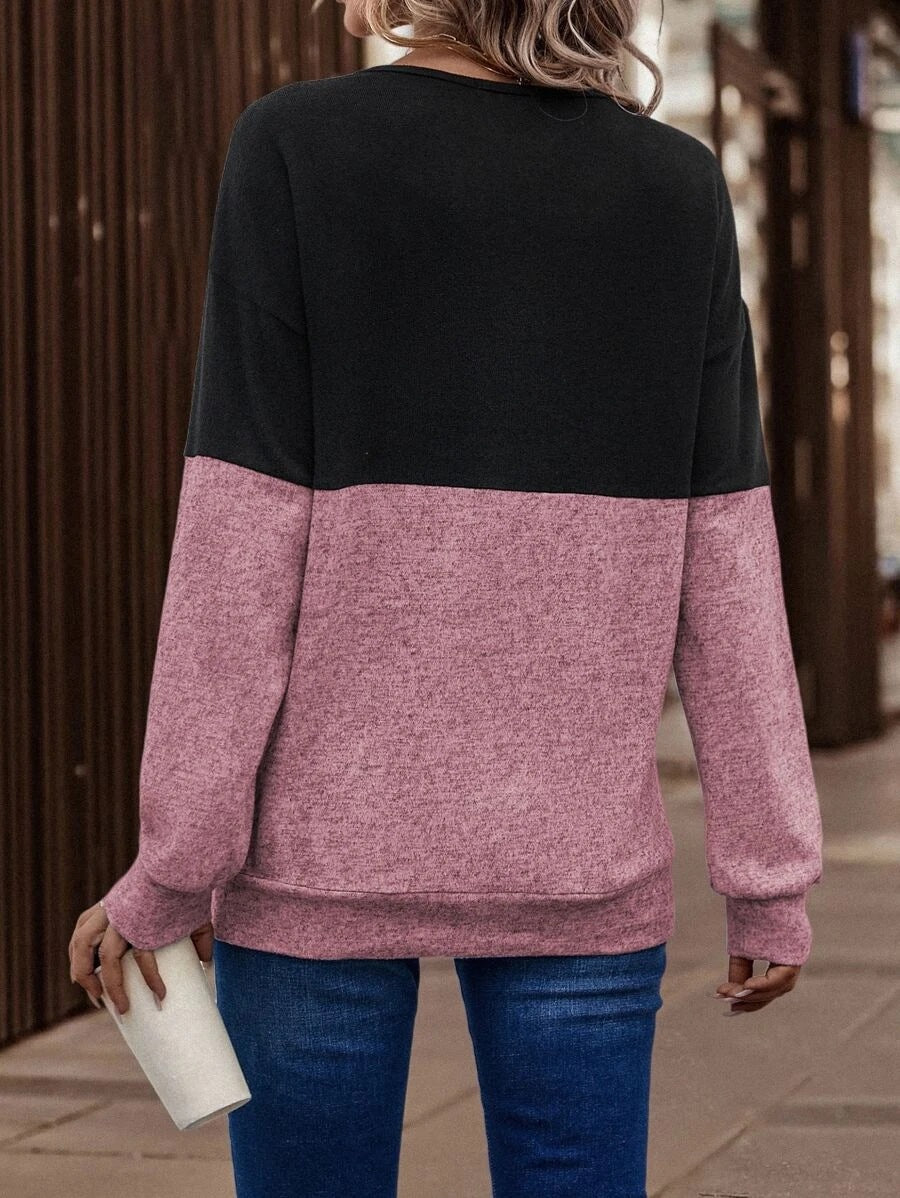 Colorblock Crisscross V Neck Knit Top - Pink - 2