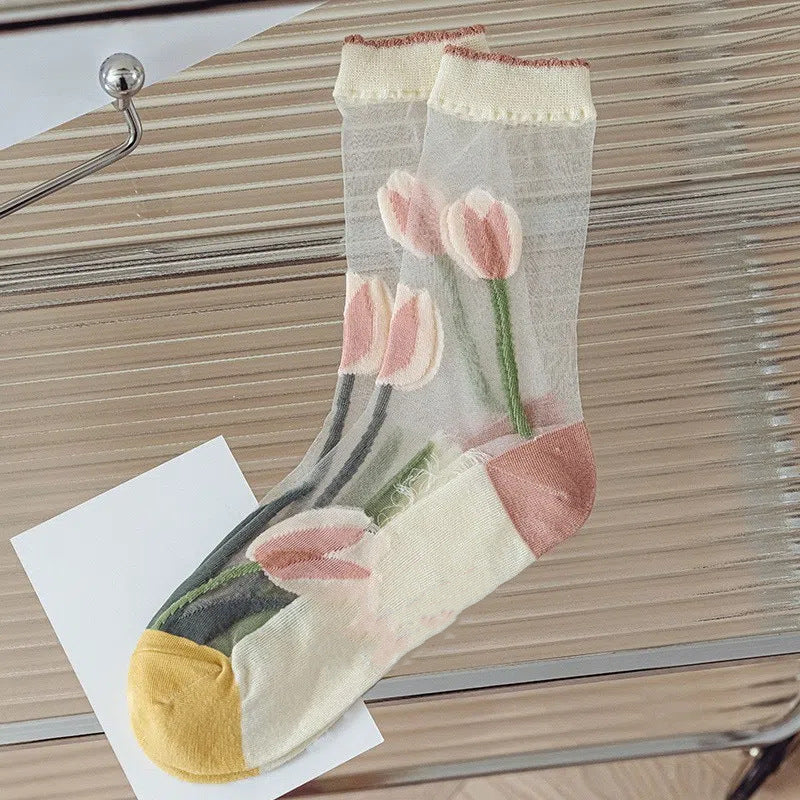 Tulip Print Sheer Mesh Crew Socks - Pink