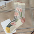 Tulip Print Sheer Mesh Crew Socks - Pink