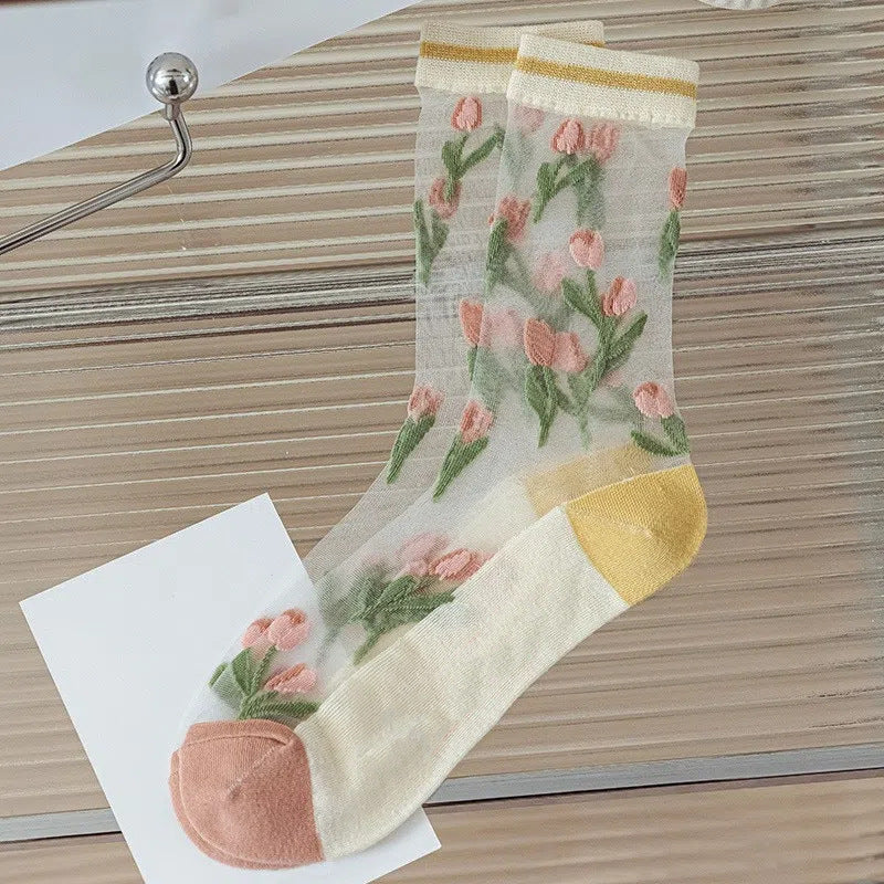 Tulip Print Sheer Mesh Crew Socks - Yellow