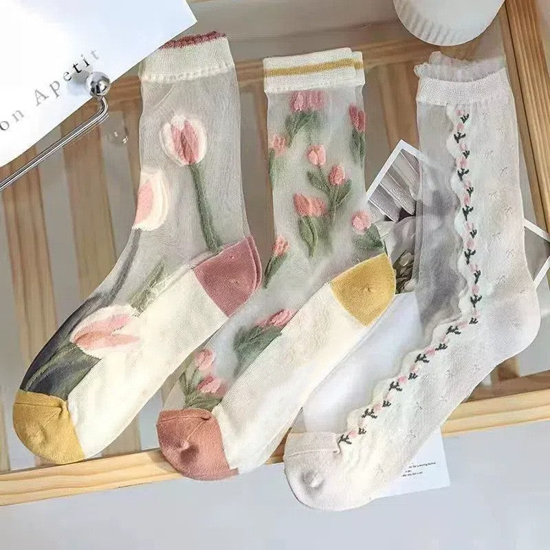 Tulip Print Sheer Mesh Crew Socks - view 1